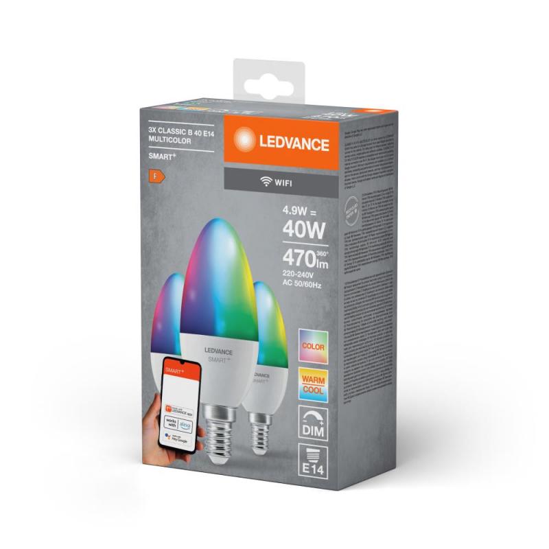 3er Pack LEDVANCE E14 SMART+ WiFi LED Kerzen Lampen dimmbar 4,9W wie 40W RGBW - Amazon Alexa, Google Assistant